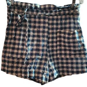 LC Lauren Conrad Gingham Blue White Textured Paper bag High Waist Shorts Large